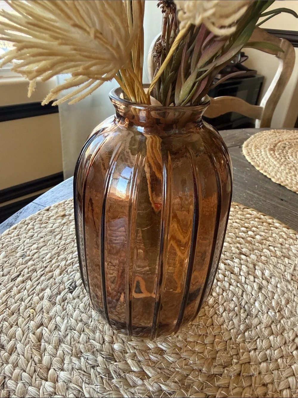 Floral Decor with Amber colored Vase Boho Farmhouse Hacienda
